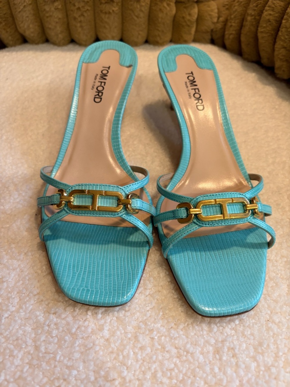 Tom Ford Turquoise Slide Sandals with Gold Chain Accent